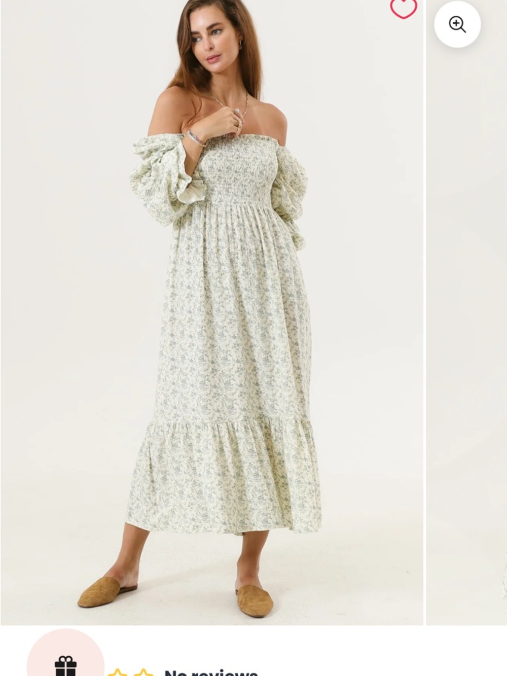 Smocked Off-Shoulder Midi Dress in Soft Sage Floral